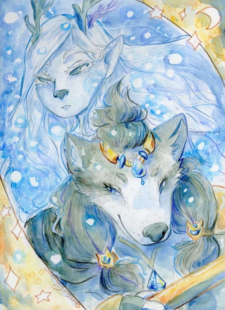Art of two characters, one is an anthropomorphic wolf and the other is a humanoid with some deer features. 
