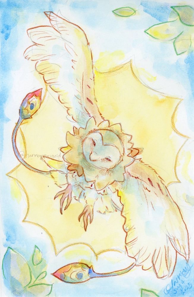 Art of an owl character backlit by the sun and fly right towards you.