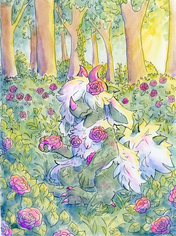 Art of a fluffy and mossy character sitting among rose bushes in a forest.