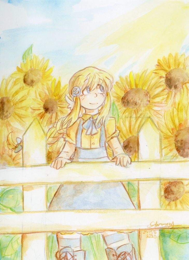 Art of a human character, themed a bit after the Pokemon dunsparce, backed by sunflowers and standing at a fence.