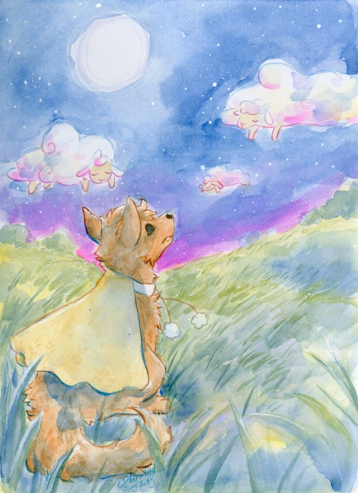 Art of a wolfy character looking up at sheep clouds in the sky.