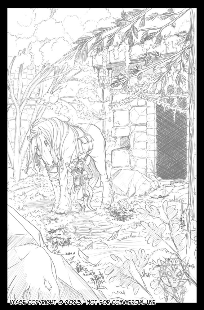A kobold knight stands next to her steed.  He gives her a concerned look as she surveys the overgrown ruins they find themselves standing in.