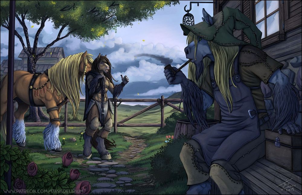 A lorrnath (humanoid horse person) and his raixa (Sentient equine shapeshifter) working companion point out an oncoming storm to a third, pipe smoking Lorrnath in the foreground.  "Weather is comin'."