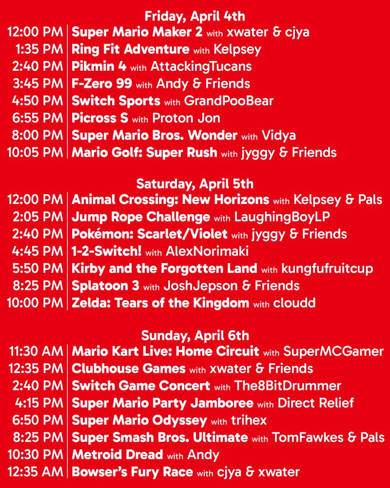 Schedule for the Farewell to Switch event, viewable at the link in the main post.