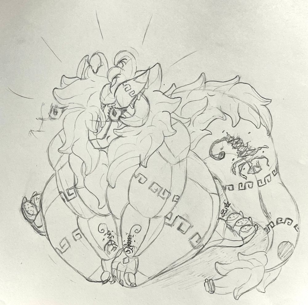 A large pooltoy Wickerbeast woman sits on her ankles looking up a little past the viewer, she looks up with an innocent look in her eyes; almost like she’s either begging or hiding something (poorly).