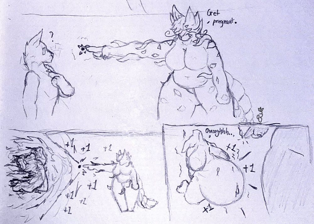 A chubby eldritch goopy woman Pregnancy Blasts a poor dude in a very comical style while saying “get pregnant”, he is very pregnant now and grew some tits.