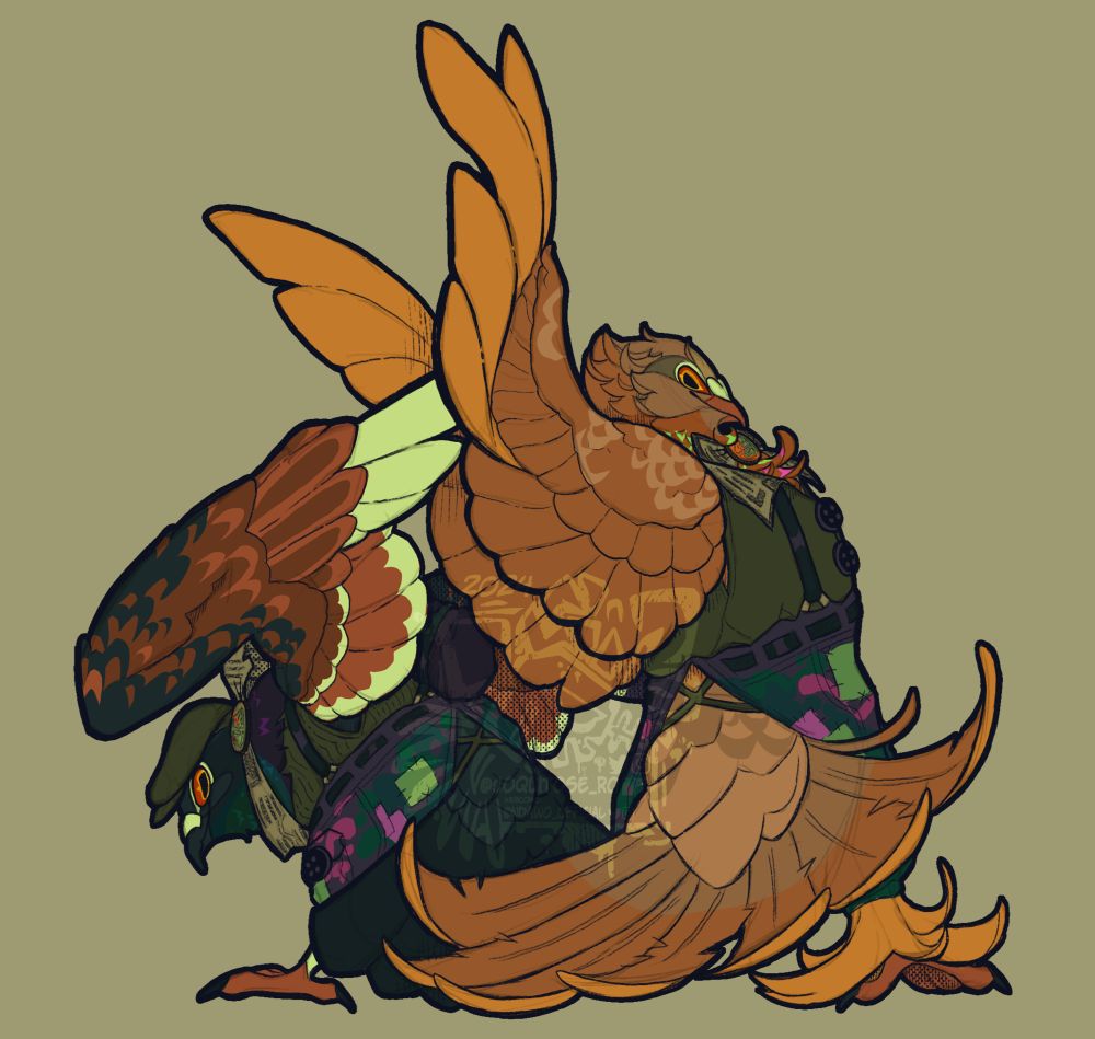 Illustration of two pigeons, the left a dark feathered common homing and the other a golden Indian fantail, stand back to back, both wearing small doll-like 1920's esque outfits with newsprint acessories.