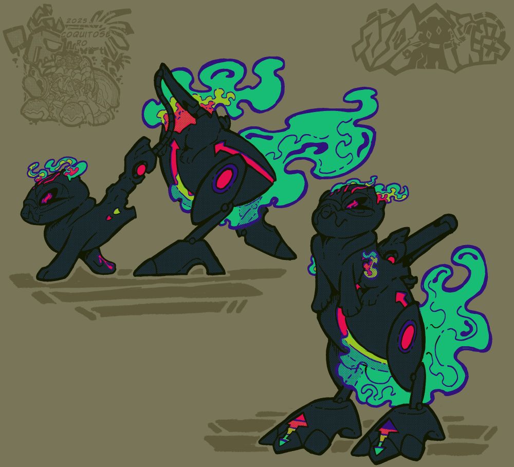 2 illustrations (the first a side profile of the character walking and the second of the character sitting and looking upwards) of a dark blue pug-like character with pink glowing eyes split in half and fused to a cassowary-like robot. The character posesses a underwater volcano and ddr-esque arrow motif's.