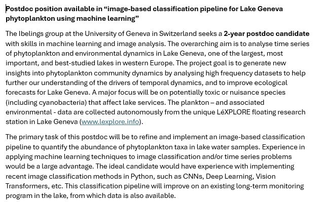 Ad for postdoc position in “image-based classification pipeline for Lake Geneva phytoplankton using machine learning”, page 1