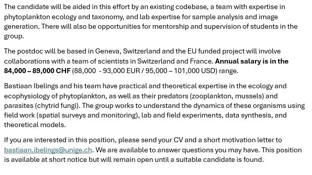 Ad for postdoc position in “image-based classification pipeline for Lake Geneva phytoplankton using machine learning”, page 2