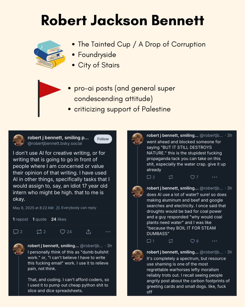 A slide with the following text at the center top:
Robert Jackson Bennett

Underneath that, a graphic of books on the left with this text on the right:
The Tainted Cup / A Drop of Corruption
Foundryside
City of Stairs
And then underneath that, a graphic of a red flag on the left with this text on the right:
pro-ai posts (and general super condescending attitude)
criticizing support of Palestine

Two screenshots side by side are then at the bottom. The show a post thread made by RJB with the posts/thread saying the following:

I don't use Al for creative writing, or for writing that is going to go in front of people where I am concerned or value their opinion of that writing. I have used Al in other things, specifically tasks that I would assign to, say, an idiot 17 year old intern who might be high. that to me is okay.

I personally think of this as "dumb bullshit work." or, "I can't believe I have to write this fucking email" work. I use it to relieve pain, not think.
That, and coding. I can't afford coders, so I used it to pump out cheap python shit to slice and dice spreadsheets.

went ahead and blocked someone for saying "BUT IT STILL DESTROYS NATURE." this is the stupidest fucking propaganda tack you can take on this shit, especially the water crap. give it up already

does Al use a lot of water? sure! so does making aluminum and beef and google searches and electricity. I once said that droughts would be bad for coal power and a guy responded "why would coal plants need water" and I was like
"because they BOIL IT FOR STEAM DUMBASS"

it's completely a spectrum, but resource use shaming is one of the most regrettable warhorses lefty moralism reliably trots out. I recall seeing people angrily post about the carbon footprints of greeting cards and small dogs. like, fuck off
