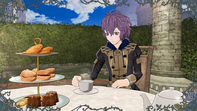 Bernadetta from Fire Emblem Three Houses holding a tea cup absently.