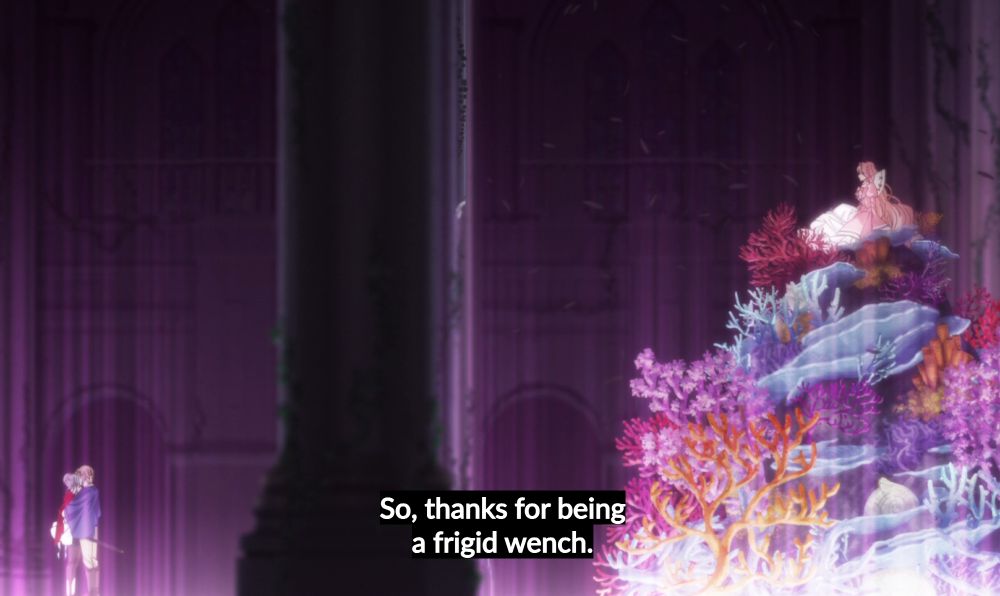 Terenezza from May I Ask for One Final Thing upon a coral throne telling Scarlet "So, thanks for being a frigid weeeench."