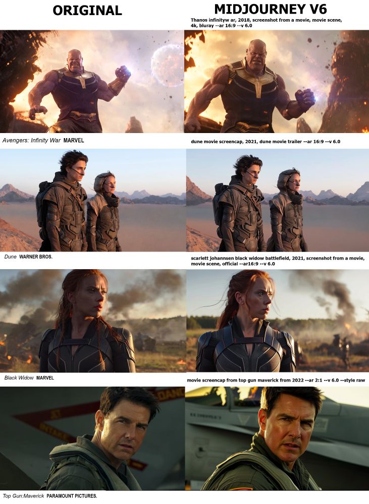 Images from movies like Avengers: Infinity War, Dune, Black Widow, and Top Gun: Maverick, compared to output from AI service Midjourney showing how closely it can replicate them. 
