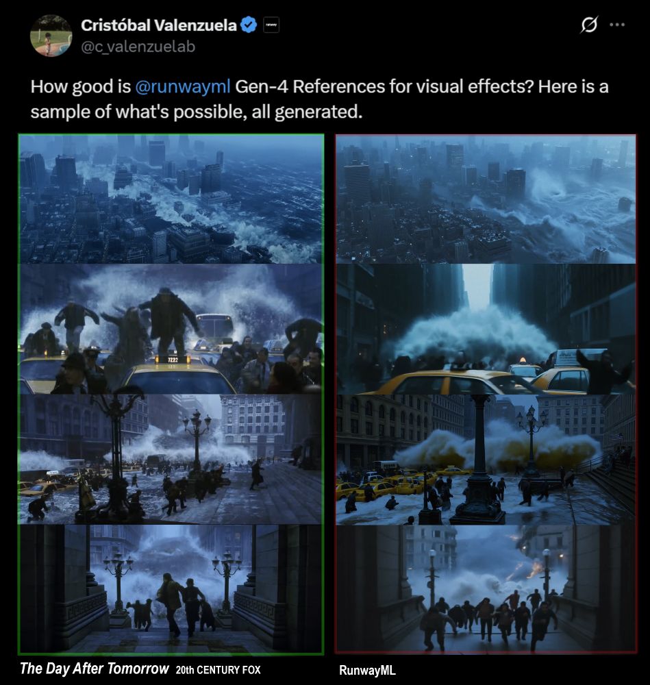 Side by side images showing how RunwayML directly copied frames from The Day After Tomorrow with their AI.