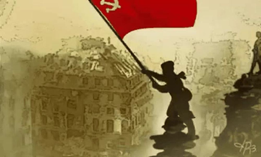 a drawing of a person holding a red flag with a hammer and sickle