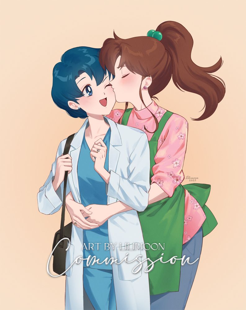 Sweet and domestic illustration of Makoto giving her wife Ami a kiss on the cheek and hug from behind as as she gets ready to leave for work. Makoto is wearing a green apron over a pink floral print blouse and jeans. Ami is in her blue work scrubs and doctor coat with a bag slung over her shoulder as she looks back towards Makoto with an amused expression. Both are wearing matching wedding rings inspired by their zodiac symbol. #makoami #sailormoon