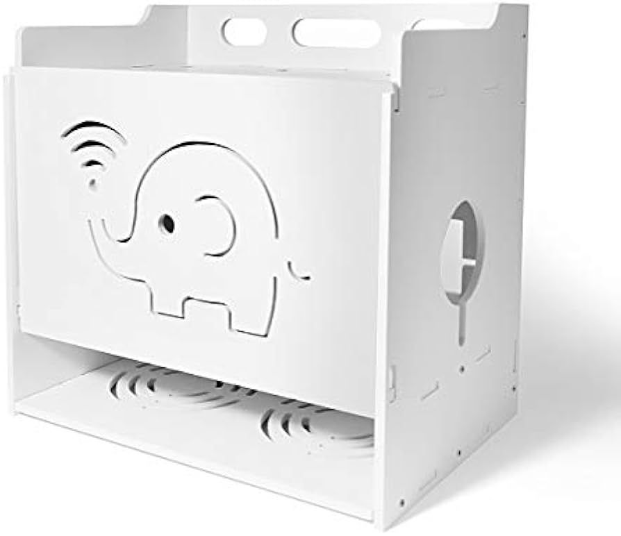 A picture of a "Router storage box" with an elephant as a cut out, pushing wifi signals out of its trunk