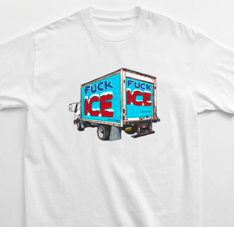 An illustration of a truck on a t-shirt that reads FUCK ICE 