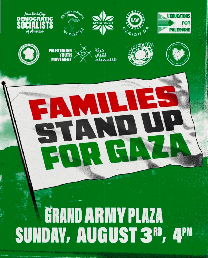 The top of the graphic features logos for: 
New York City Democratic Socialists of America 
Brooklyn Families for Palestine 
Jewish Voice for Peace New York City 
UAW Region 9A
Educators for Palestine 
Park Slope Food Co-op Members in Solidarity with Palestine
Palestine Youth Movement 
New York Taxi Workers Alliance
NY-10 Neighbors in Solidarity with Palestine 

In a white flag in red, black, and green text, it reads: FAMILIES STAND UP FOR GAZA 

Grand army Plaza 
Sunday, August 3rd, 4 PM 

