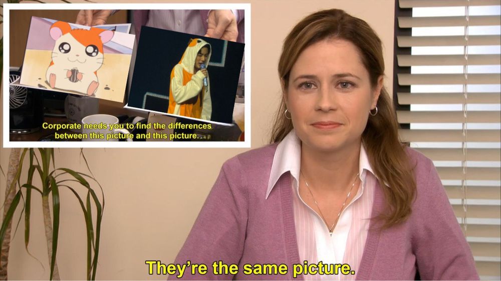 Pam from the office meme Corporate needs you to find the differences between this picture and this picture..
They're the same picture.

One is a picture of hamtaro the other is Jin onstage in a hamtaro kigurumi during super tuna in Amsterdam day 1 