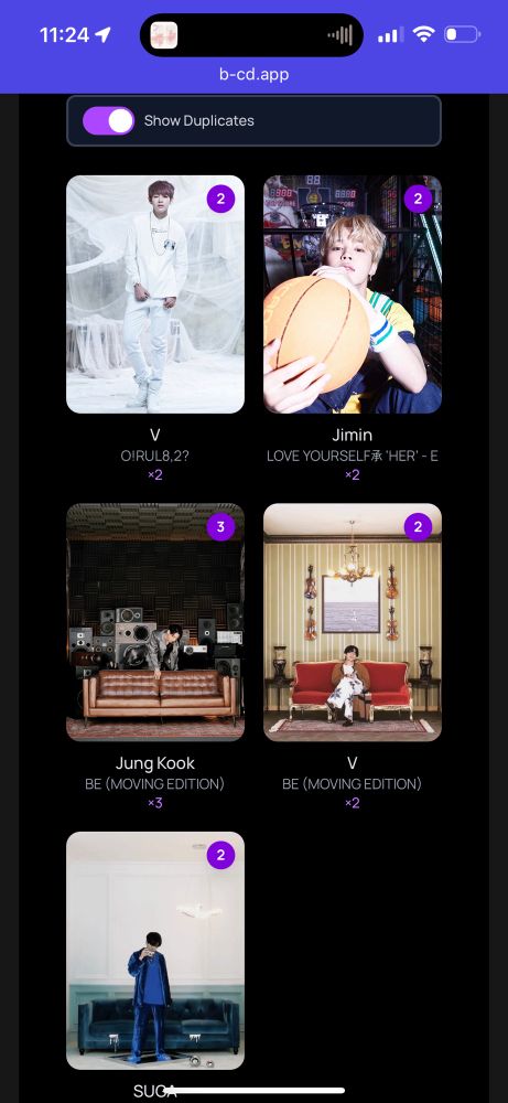 Dupes for photocards on the bcd webpage. 

Orul8,2 -Taehyung 
LYS her Jimin
Moving BE edition - Taehyung, Yoongi and two Jungkook 