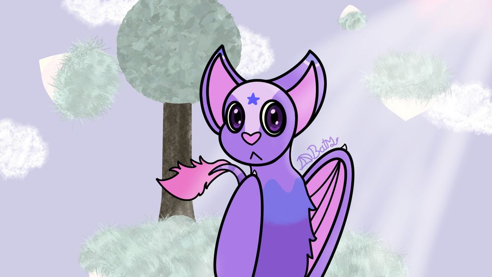A purple bat like creature standing in sunlight, on a floating island, looking to the camera. Digitally drawn.