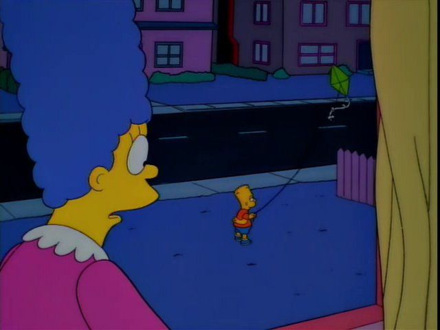 Marge watching Bart through the window as he creepily, yet serenely flies a kite outside at night 