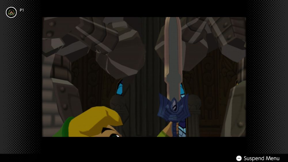 Link from The Wind Waker holding up the newly acquired Master Sword. The crossguard is pointed inward toward the blade rather than extended outward, and the gem has no light.