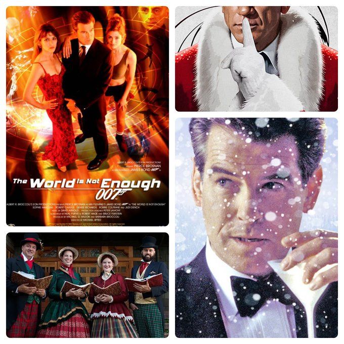 collage of James Bond, the 007 movie The World is Not Enough, and Christmas carolers