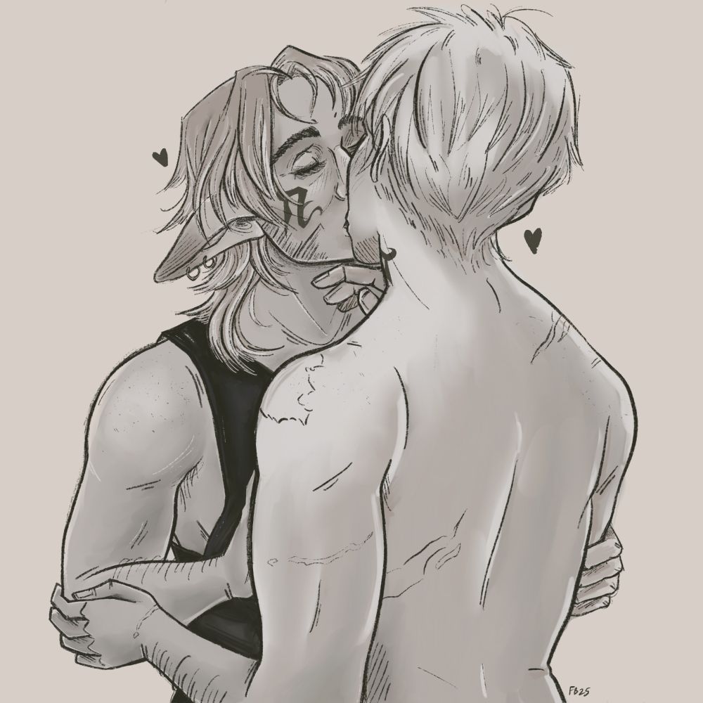 Greyscale digital drawing of thancred (back facing viewer) holding Urianger's jaw gently for a kiss. Urianger grips thancred's arms and thancred's other arm grips Urianger's elbow. Imagine thancred is standing on a crate for the extra height, or something. I encourage any pronoun use for either of them, please find your comfort in them as you see fit