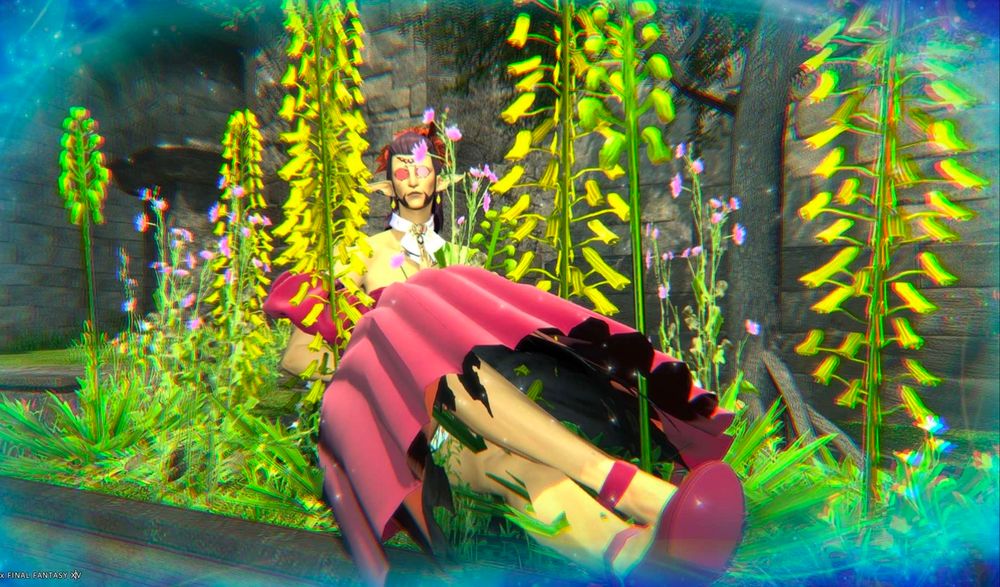 Gpose of feldspar in revenants toll, clipping through a flower planter with heavy chromatic aberration and particle effects. It's very area x coded to me. His panties are showing

