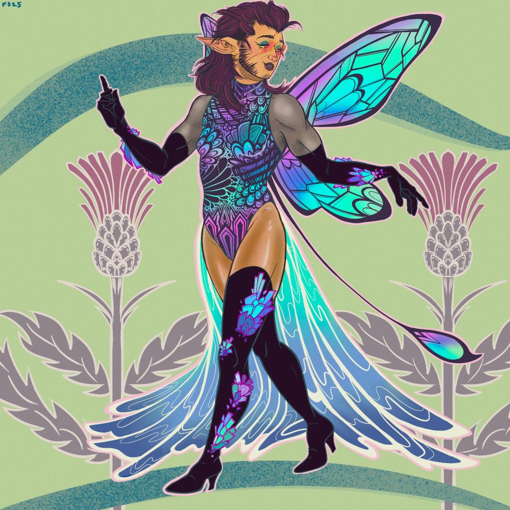 Art of feldspar in a colorful bodysuit with long gloves and boots. He has faerie wings in shades of purple, blue, magenta and seafoam green. In the background are two purple thistles 