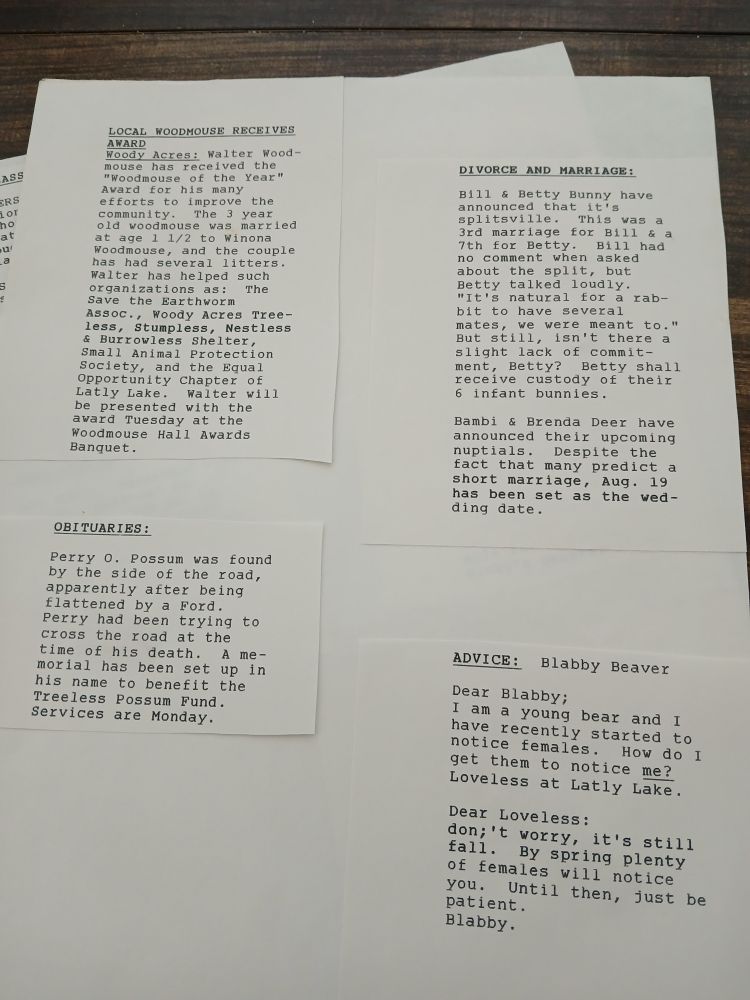 "The Tri-City Woodland Weekly" newspaper, May 1988. 

It's a bunch of typed and cut "news articles" pasted together. This page includes obituaries, divorce announcements, and an advice column from "Dear Blabby"