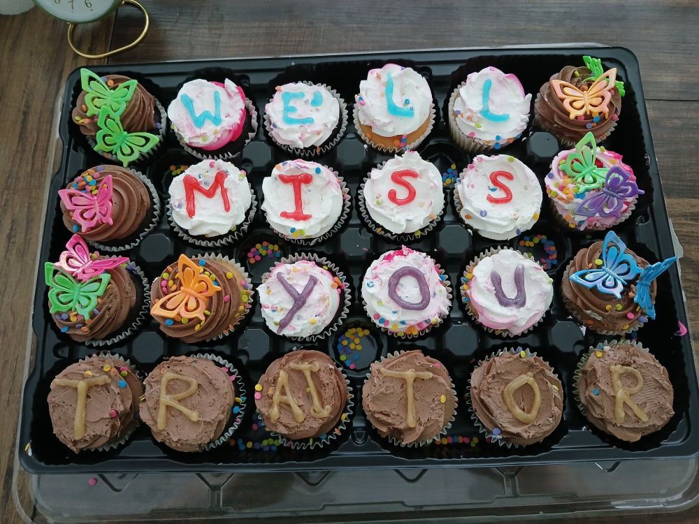 A tray of cupcakes that spell out "We'll Miss You...TRAITOR" in frosting. Yes, I clearly did this by hand, and they're obviously salted with my tears.