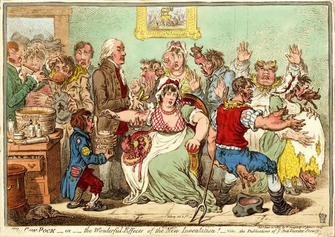 'The Cow-Pock or the Wonderful Effects of the New Inoculation!' by James Gillray, 1802. A cartoon-style print of a crowded room. In the centre of the image a seated woman holds out her arm to a professional-looking man who makes a cut on her arm with a small blade. Next to him a small, ragged boy holds a container labelled 'Vaccine pock hot from the cow.' Behind the woman and to her right are six people who have apparently already undergone the procedure: they all have small cows growing out of their bodies. On the left of the image a man ladles an 'opening mixture' into the mouth of a nervous-looking man. A queue is formed behind him.