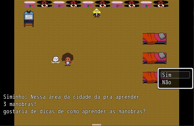 Anak em uma skateshop falando com um fantasma clássico tipo lençol em cima em um skate todo branco com a seguinte fala: "Siminho: Nessa área da cidade da pra aprender 3 manobras! 
gostaria de dicas de como aprender as manobras?"
