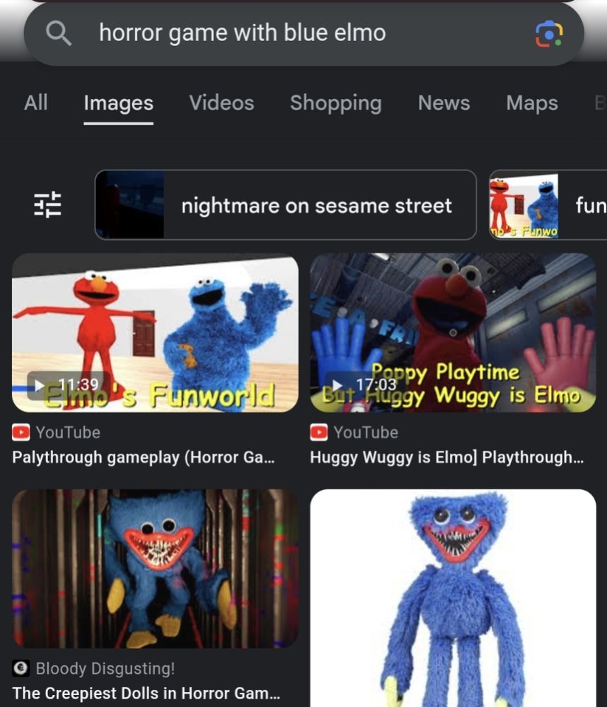 Google search bar that has "horror game with blue Elmo" and image results of the game "Poppy's Playtime"