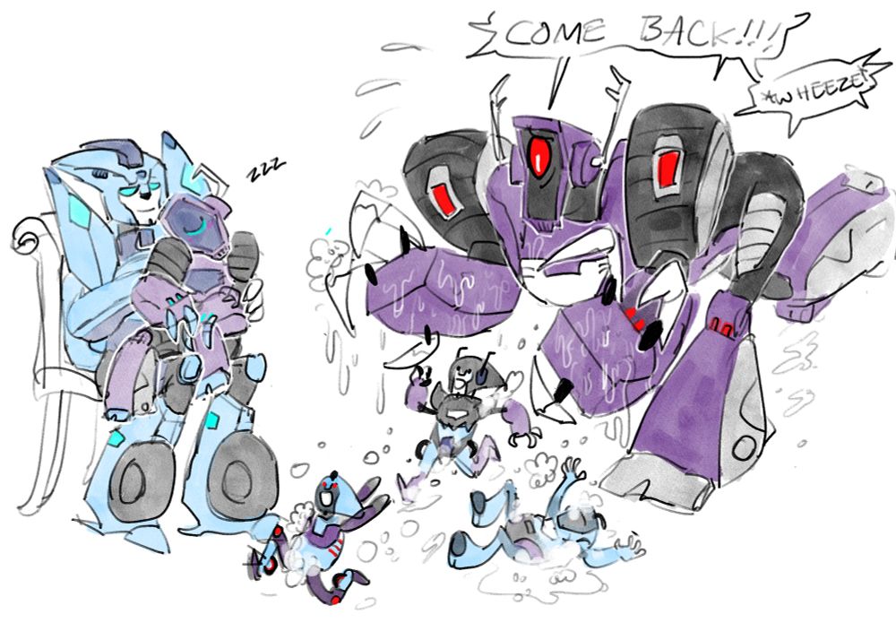 A color image of Blurr and Shockwave from Transformers Animated, as well as their sparklings. Blurr is sitting in a chair with a humongous, Shockwave-esque baby sitting on his lap and cutely snoozing. Shockwave is rushing after three little servant frames who are sopping wet and covered in soap. They are cheerful and giggling as they run away, while Shockwave appears distressed. He shouts “Come back!!! Wheeze”. 
