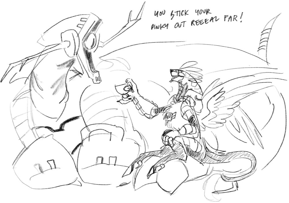 Dragon Shockwave loafing peacefully and looking at Dragon Blurr. Blurr is sitting on his hind leg, holding out a teacup and smiling. He says “you stick out your pinky reeeal far!” 