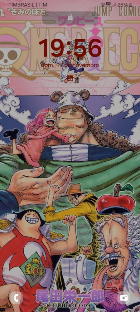 Tela de bloqueio com wallpaper duma capa de One Piece