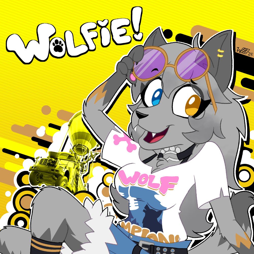 A digital drawing of Wolfie, a new anthropomorphic wolf girl character from the video game Fortnite. She is seen in a relaxed sitting pose smiling at the viewer while raising her purple sunglasses onto her forehead. The background is a pure yellow abstract pattern based on the Frutiger Metro design language, complete with black, white, and yellow abstract shapes, and a yellow Battle Bus graphic.