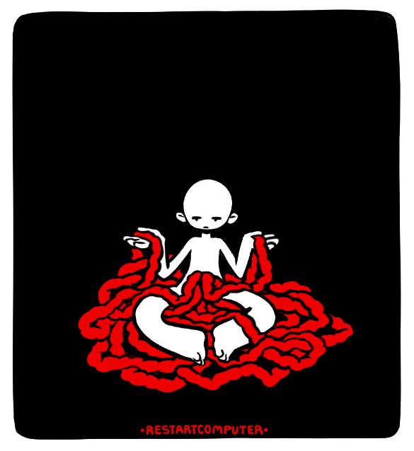 white cartoon figure sits in a pile of guts holding them with each hand. the background is simply black.
