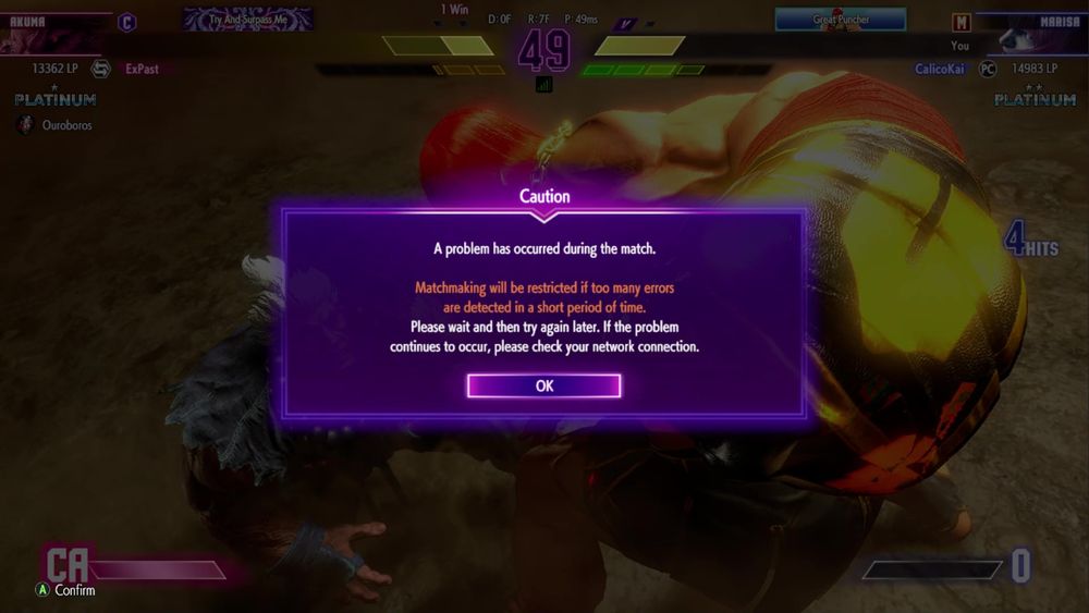 Street Fighter 6 screenshot of a disconnection error right as Marisa is about to finish her level 3 super