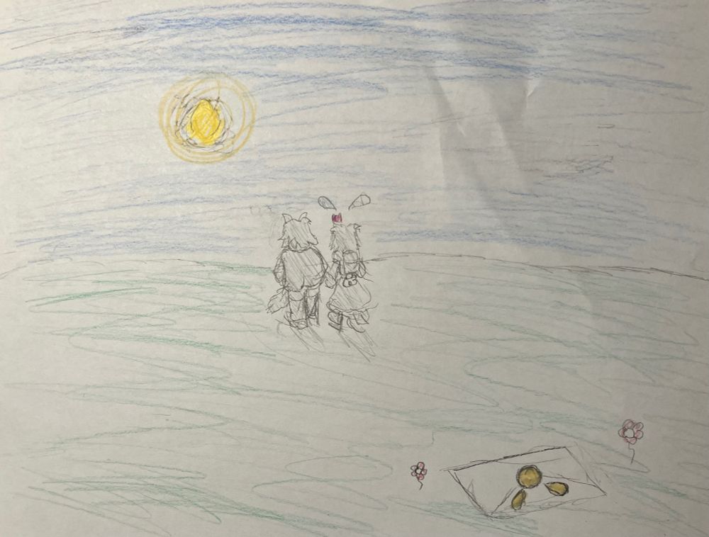 A sugar sliver and a bunny, walk toward the a sun in the sky, a letter left behind in the grass