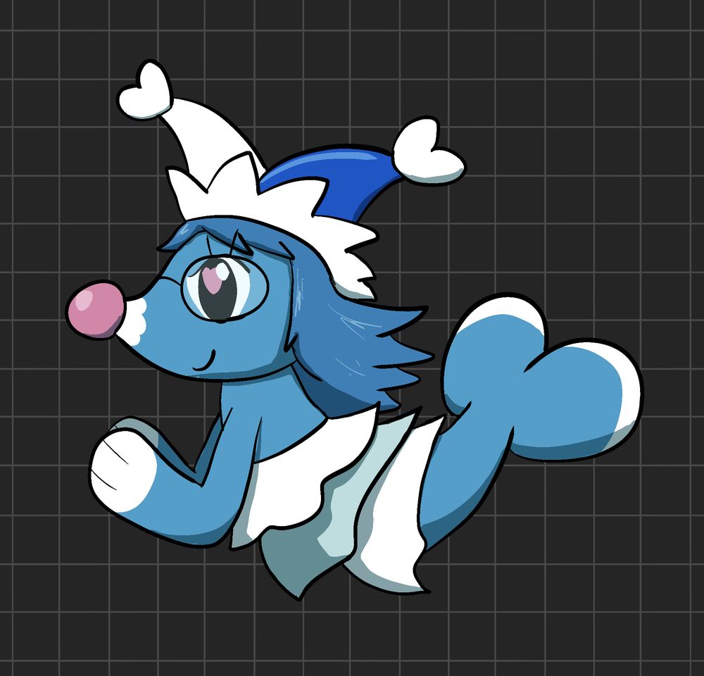 A brionne pokesona with long blue hair and glasses in the pose and hat of a Mizzle from Deltarune, were both her flippers out together