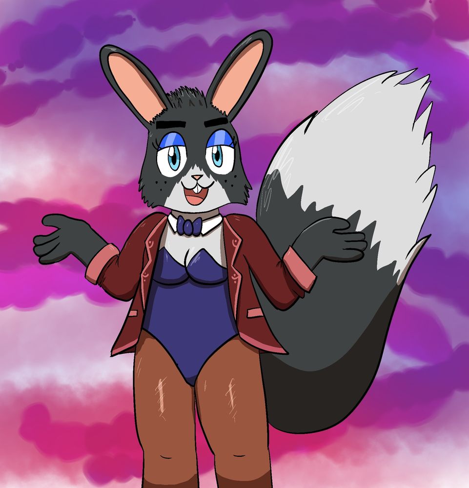 Delf, a bunny squirrel girl, with a big  squirrel tail and bunny ears, wearing a bunny suit leotard and a red coat on top. She’s shrugging and smiling