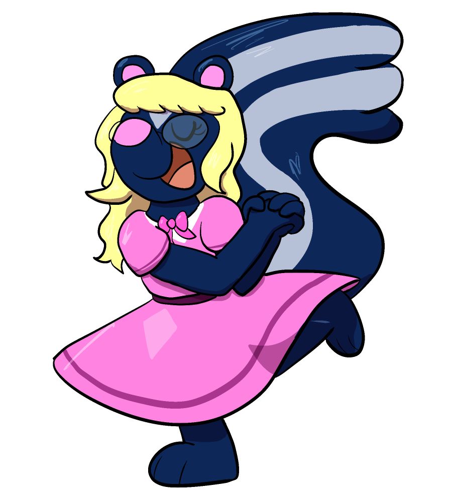 An anthro skunk girl hands clasped together one leg up smiling with her eyes closed. She's wearing a pink  dress with a ribbon at the front~