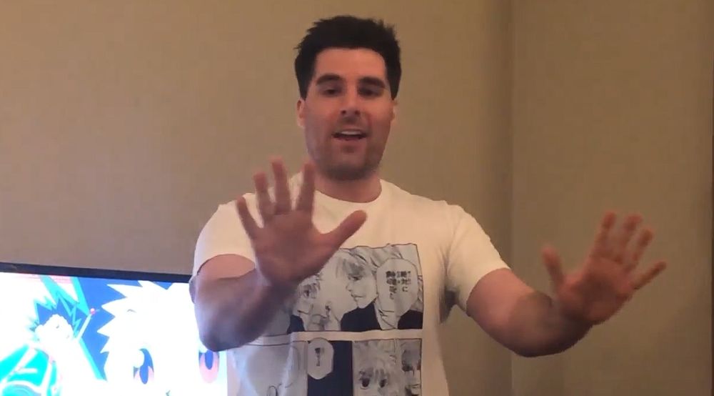 John "Super Eyepatch Wolf" Walsh saying "Let me finish" as an episode of Hunter X Hunter plays in the background. Also, he wears a Hunter X Hunter t-shirt of a scene of Kilua with his dad.