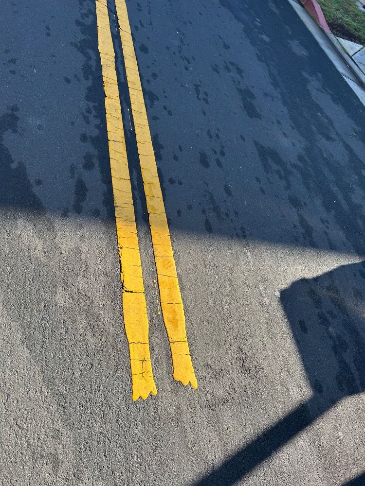 Two yellow lane dividers end unevenly, resembling the front two paws of a cat in a deep forward stretch. Good kitty!